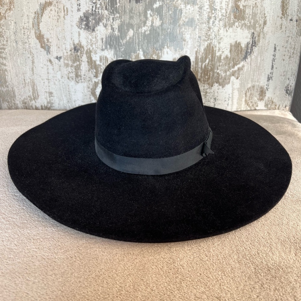 Gladys Tamez Millinery Handmade Black Felt Velour Wide-Brim Hat